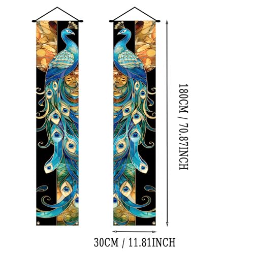 Image of BlissYard 2pcs Stained Glass Peacock Porch Banners Elegant Home Diwali Decoration Peacock Door Banner Seasonal Peacock Decor for Diwali Banner Holiday Hanging Front Door Cover for Porch Patio Garden