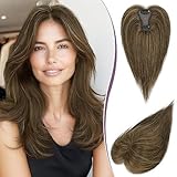 RUWISS Topper Cabello Humano Mujer Real Humano Clip en Pieza de Pelo para Adelgazamiento de Cabello Esponjoso Liso Topper sin Flequillo, Castaño con Reflejos Rubios