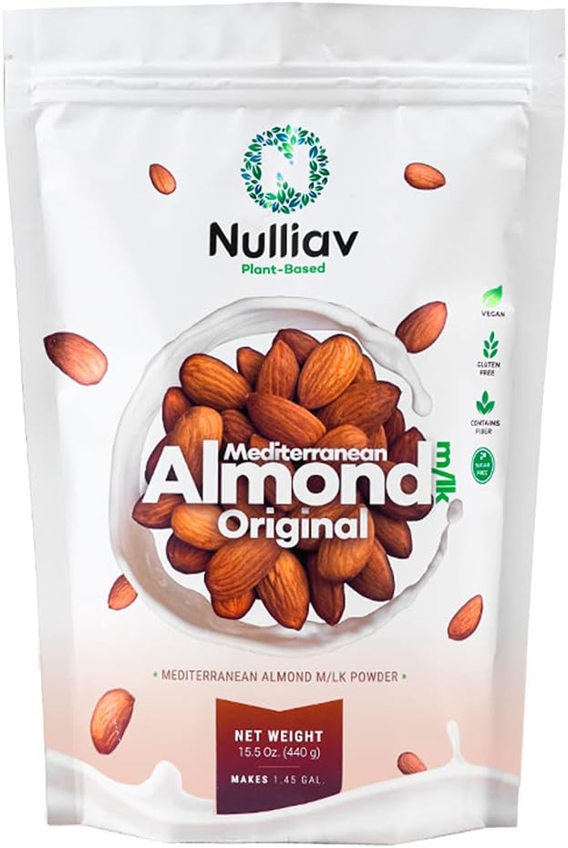 NULLIAV | Almond Milk Powder Original - High Protein Blend with Prebiotic Fiber powder for Gut Health and Digestion - Vegan Plant Based Dairy Free Formula for Lactose Intolerance 15.5 Oz. Bag Portable Convenient
