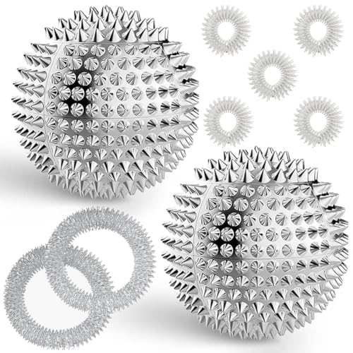 2 bolas magnéticas de acupressão e 5 anéis de acupressão e 2 pulseiras de acupressão, bola de ouriço de 47 mm, pequeno metal e anéis de massagem para dedos para alívio do stress ou massagem