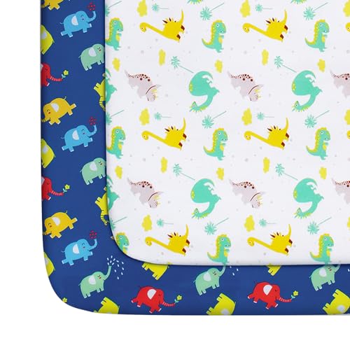 Image of Pack and Play Sheets Boys, 2 Pack Mini Crib Sheets, Stretchy Playard Fitted Sheet, Compatible with Graco Pack n Play, Soft and Breathable Material, Dinosaur & Elephant