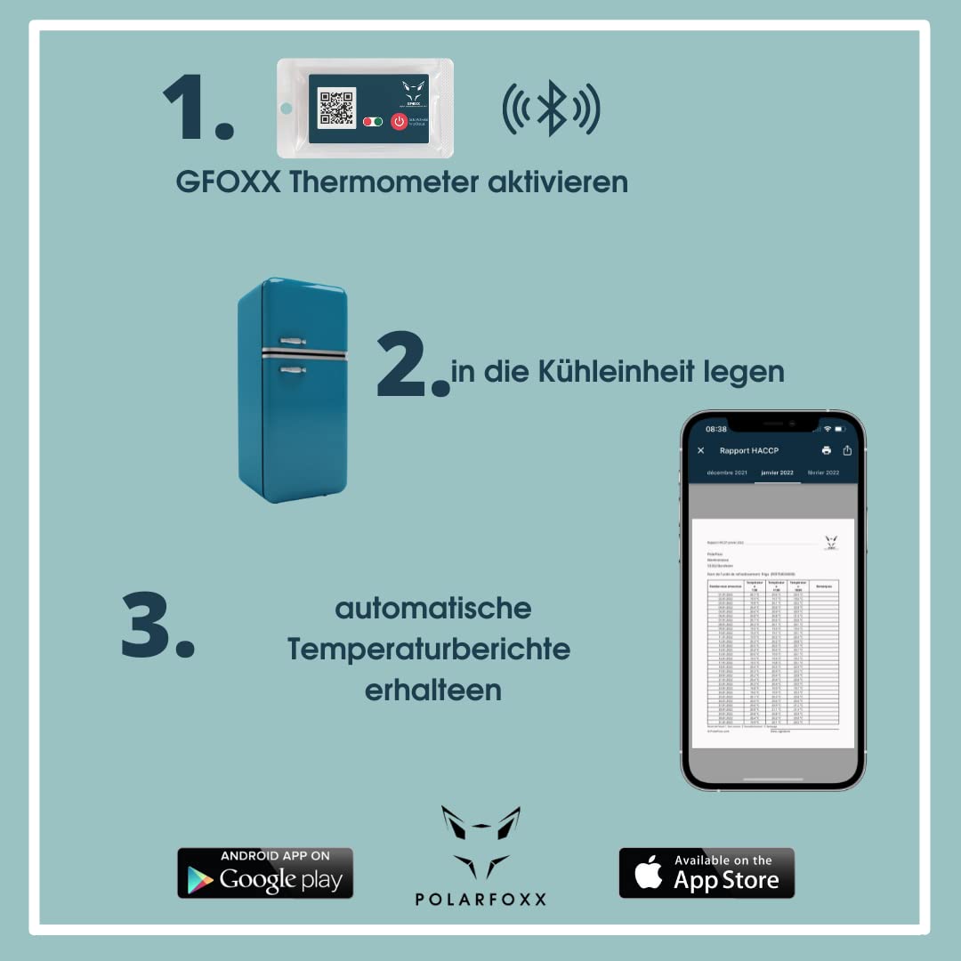 Termometro Bluetooth data logger – 380 giorni di autonomia, da 0 °C a + 60 °C – Elenchi automatici della temperatura – Conforme HACCP – Documentazione digitale sull'igiene tramite app con