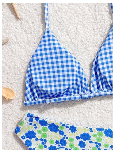 Image of RoseSeek Girl's 2 Piece Swimsuits Floral Gingham Halter Triangle Wireless Bikini Bathing Suit