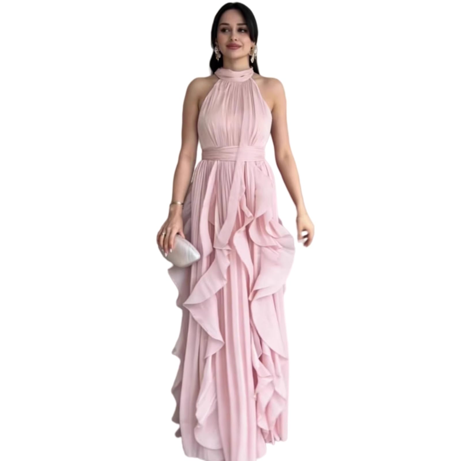 Vestito Donne Halter Maxi Abito Una Linea Senza Maniche Alta Vita Ruffle Hem Elegante Serata Festa Lungo Abito-Wine Red-XS