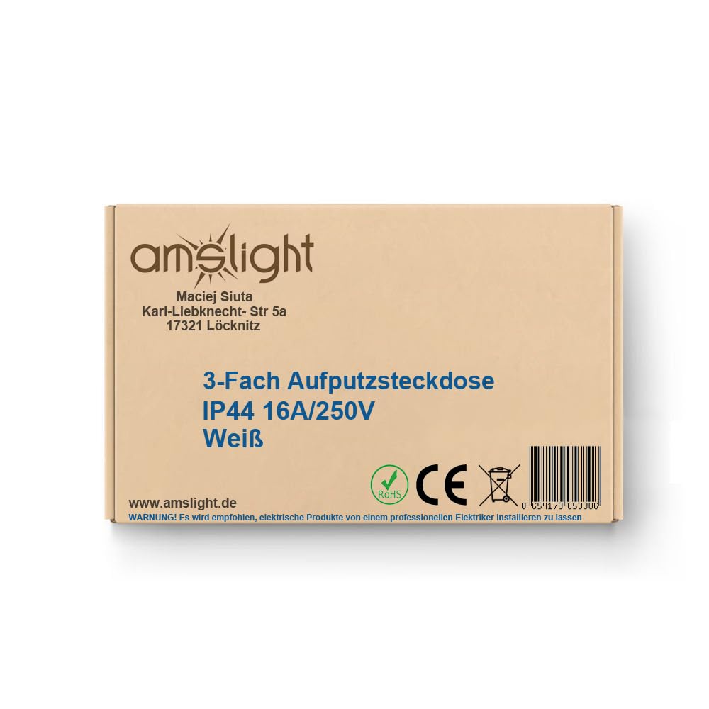 Presa Elettrica Da Parete 3 Posti IP44 – 16A 250V – Bianca, Per Ambienti Umidi (Esterni E Interni) – Conforme CE