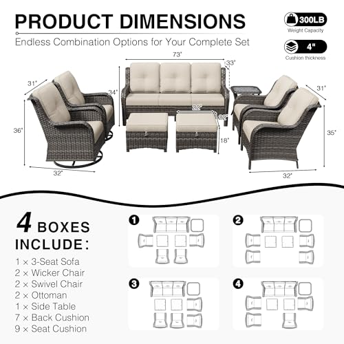Image of Joyside 8 Piece Wicker Patio Furniture Set, Outdoor Swivel Rocker Patio Chairs with High Back, Deep Seating, Wide Armrest, Thickened Cushions, Outdoor Furniture for Deck, Porch Use