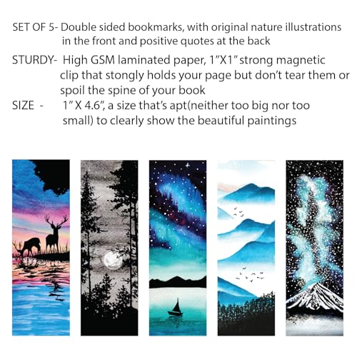 Image of Antara Wilderness Magnetic Bookmarks with Inspirational Quotes | Set of 5 Book Marks with Stong Magnet | Beautiful Nature Paintings | Laminated Matte Finish | Ideal Gift for Bookworms | 1.3 inch X4.5 inch