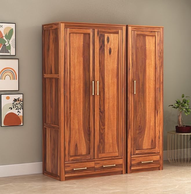 Solid Sheesham Wood 3 Door Wardrobe with 3 Drawers Storage for Bedroom | Wooden Almirah for Clothes | Wooden Cupboard | Natural Honey Finish-image-17