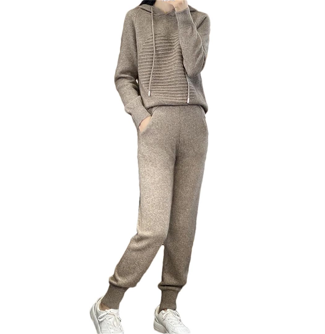 Herbst Winter Damen Anzug 100% Merinowolle Kapuzenpullover Casual Sweatpants Kleine Bein Hosen Gestrickt 2-teiliges Set