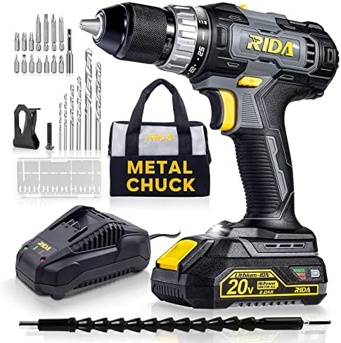 RIDA Cordless Drill 20V Electric Power Drill 1/2'' Keyless Metal Chuck 355 In-lb(40N.m) Torque with 2.0AH Li-ion Battery & Fast Charger, Variable Speed, 25+1 Position and 22pcs Drill/Driver Bits