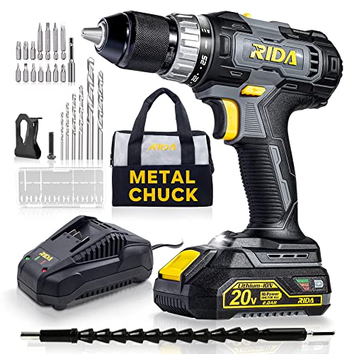 Rida Cordless Drill 20V Electric Power Drill 1/2'' Keyless Metal Chuck 355 In-Lb(40N.m) Torque With 2.0Ah Li-Ion Battery & Fast Charger, Variable Speed, 25+1 Position And 22Pcs Drill/Driver Bits #TOP10