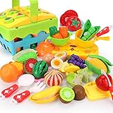 REMOKING Food Toy Set, Fun Kitchen Pretend Cutting Play Set, Educational Food Playset with Fruits, Vegetables ,Basket , Tableware Recognition Blocks, Great Gifts for Kids 3 Years and up(35 Pieces)