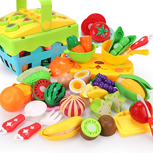 REMOKING Food Toy Set, Fun Kitchen Pretend Cutting Play Set, Educational Food Playset with Fruits, Vegetables ,Basket , Tableware Recognition Blocks, Great GiftsÂ for Kids 3 Years and up(35 Pieces)
