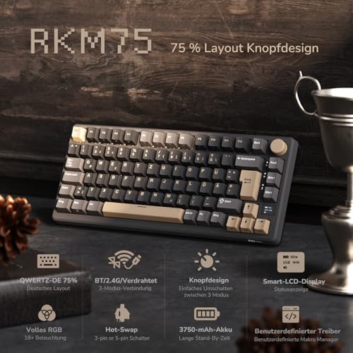 RK ROYAL KLUDGE M75 Gaming Tastatur kabellos 75% Prozent TKL Mechanische Tastatur RGB 2,4 GHz Wireless/Bluetooth/USB-C QWERTZ mit OLED-Smart-Display und Knopf Hot Swappable Braune Schalter, Grau