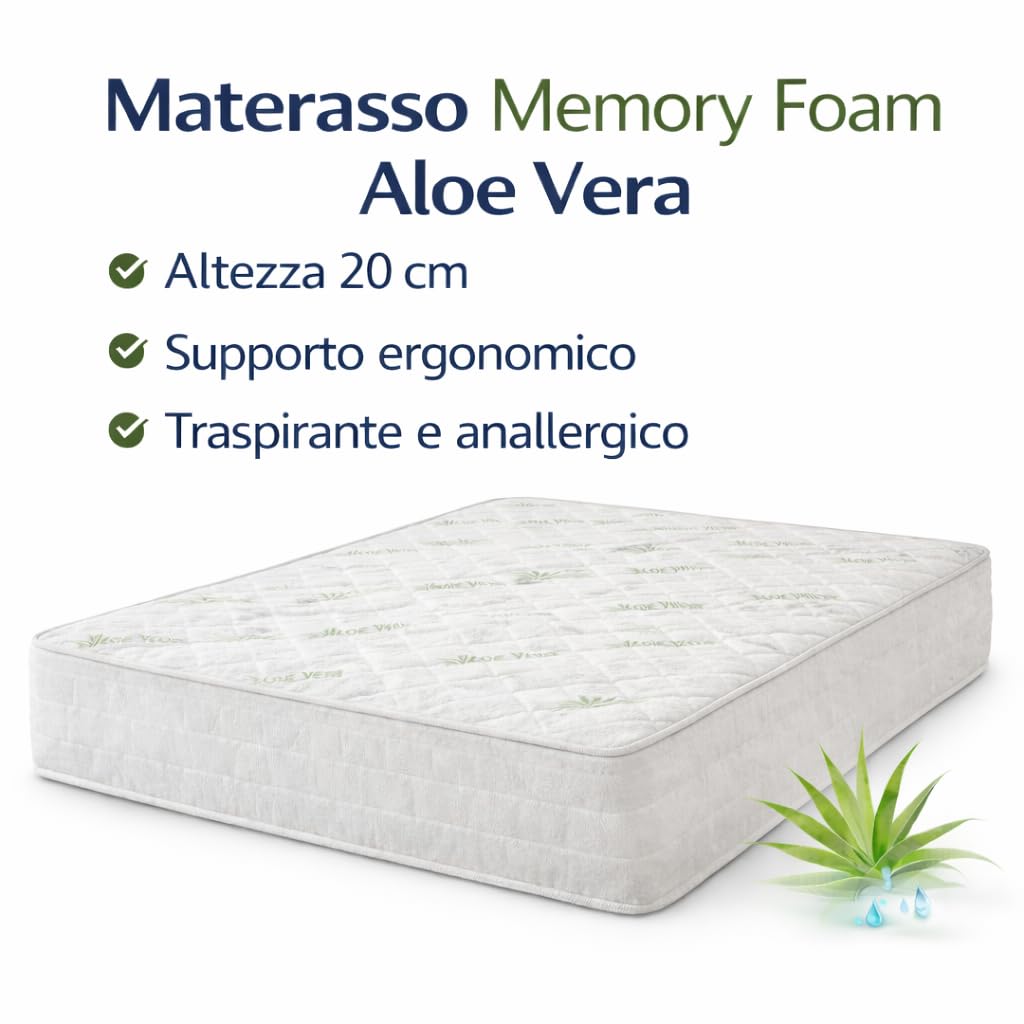 Generico Materasso Matrimoniale Memory Foam Aloe Vera 120x200 Alto 20 cm Ortopedico, Antiacaro e Traspirante, Comfort Ergonomico (120x200)