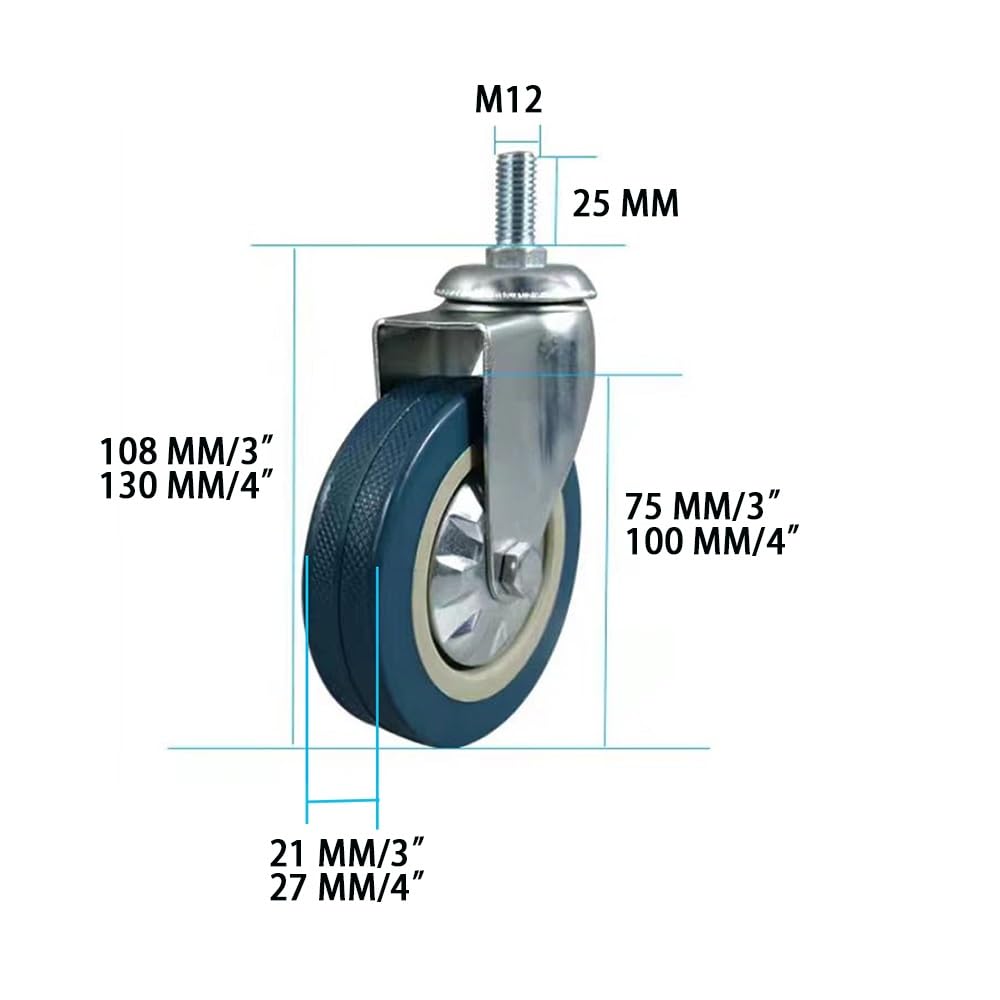 4 Pezzi Ruote Pivottanti 3/4 inch, Ruote Stelo Filettato Silenziose M12, Ruote in Gomma con Freni per Carrello, Scaffale di Stoccaggio(Swivel,4 inch)
