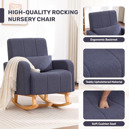 Image of HCHAIRH Rocking Chair with Ottoman, Upholstered Glider Rocker with High Backrest and Side Pocket, Comfy Reading Chair with Solid Wood Legs for Nursery, Living Room,Bedroom Dark Grey