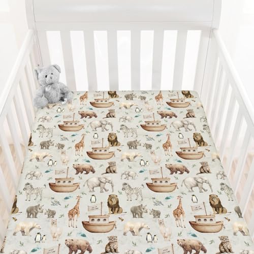 Image of HawSkgFub Noah’s Ark Animal Boat Religious Fitted Standard Crib Sheet for Baby Boy Girl, Elephant Bear Giraffe Rhino Toddler Mattress Cover, Soft Stretchy Nursery Bed Sheets Decor Kids Gift 52" x 28"