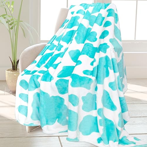 HSEEC Blue Plush Blanket Throws Cow Print Blanket Soft Fleece Flannel Small Throw Blanket for Couch 40x50 inch
