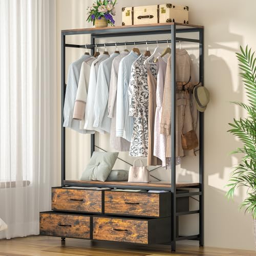 Yorbay Kleiderständer Offen Garderobenständer Kleiderschrank: Schwerlast-Garderobenorganizer mit 4 Schubladen 4 Haken und Regalen, Garderobenspeicher für Schlafzimmer und Wohnzimmer