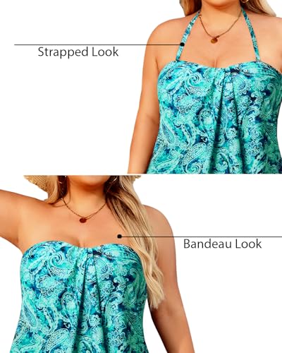 Image of Daci Plus Size Bandeau Tankini Swimsuit for Women 2 Piece Halter Swim Top with Shorts Tummy Control Bathing Suits