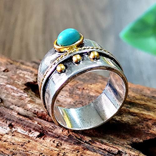 SUKKCCNO Vintage 925 Silver Oval Turquoise Wide Ring Boho Natural Stone Solitaire Ring with Two-Tone Sturdy Band Handmade Artisan Jewelry Gift for Women Size 6-10 9 - Image 2