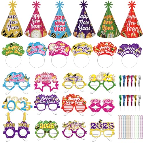 HOWAF New Years Eve Party Supplies 2025, 48 Pieces Colorful New Years Eve Hats Happy New Year Headband 2025 Glasses Party Blowouts and Necklace NYE Party Favors New Years Eve Accessories Kit