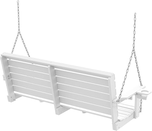 Miniatura 8 de Plawdlik Columpios de porche, silla de patio de 2 asientos con dos portavasos, banco impermeable de polietileno de alta densidad para patio, color