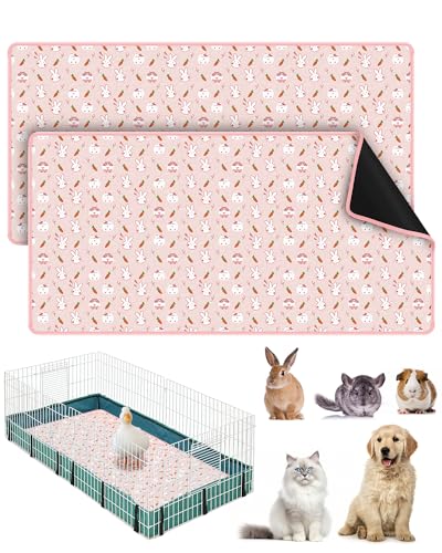 Bissap 2 Packs Guinea Pig Cage Liners 47X24 Washable Guinea Pig Pee Pads Non Slip Reusable Fast and Super Absorbent Bedding for Small Animals Rabbit Hamster Chinchillas Rat - Pink