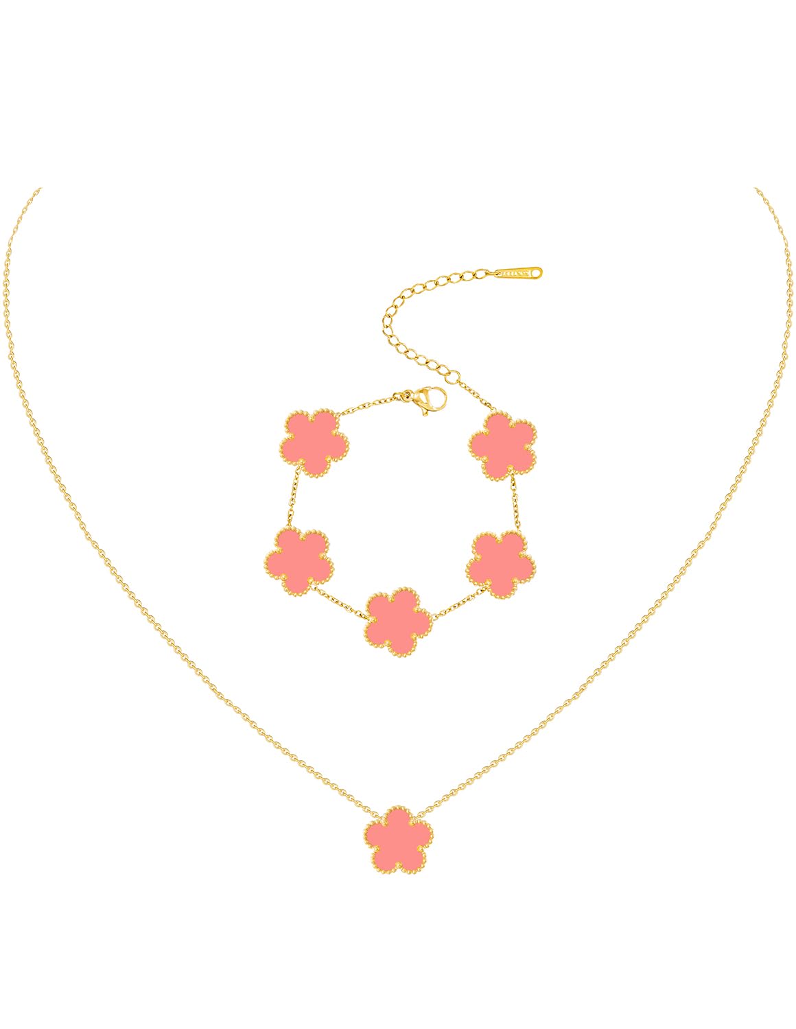 Gold Plated Stainless Steel Four Leaf Clover Bracelet and Necklace Jewelry Set for Women