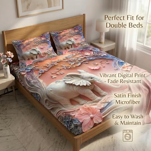 Image of Elephant 7D Printed Bedsheet for Double Bed | Glace Cotton 7D Digital Print | 90x100 Inch (228x254 cm) | 1 Bedsheet + 2 Pillow Covers | Soft, Breathable & Vibrant Colour Bedding Set