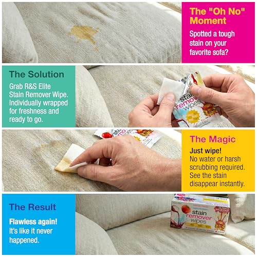 Image of Stain Remover Wipes, 100 Count, Individually Wrapped, Instant Stain Remover | For clothes, fabric & jackets, No-rinse cleaner, Portable for travel, purse & diaper bag, Removes grease, food & more
