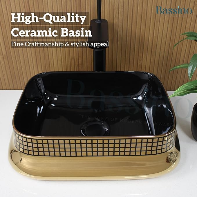 Image of BASSINO 18x14x6 Inches Ceramic Counter Top Wash Basin /1 Year Warranty /Black & Gold Basin for Bathroom /Rectangular Shape Tabletop Washbasin for Restaurant /Dining Hall /Living Room /Home(Glossy)