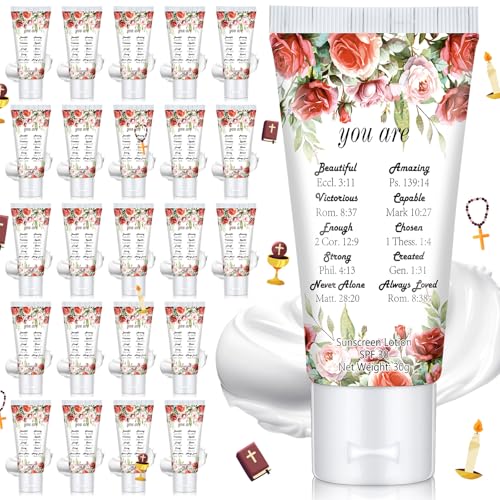 Image of 24 Pcs Mini Sunscreen Bulk for Summer Party Wedding SPF 30 Water Resistant Sunscreen Lotion Bulk 1oz Travel Size for Thank You Gifts Wedding Supplies (Religious)