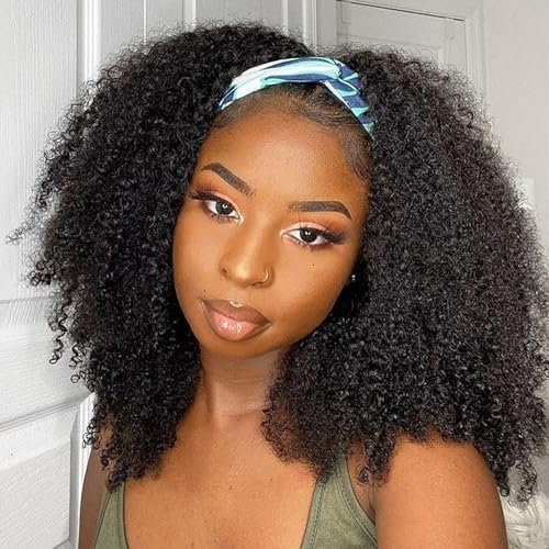 Image of Headband Wig Human Hair Kinky Curly Glueless Wigs 16 Inch Natural Black