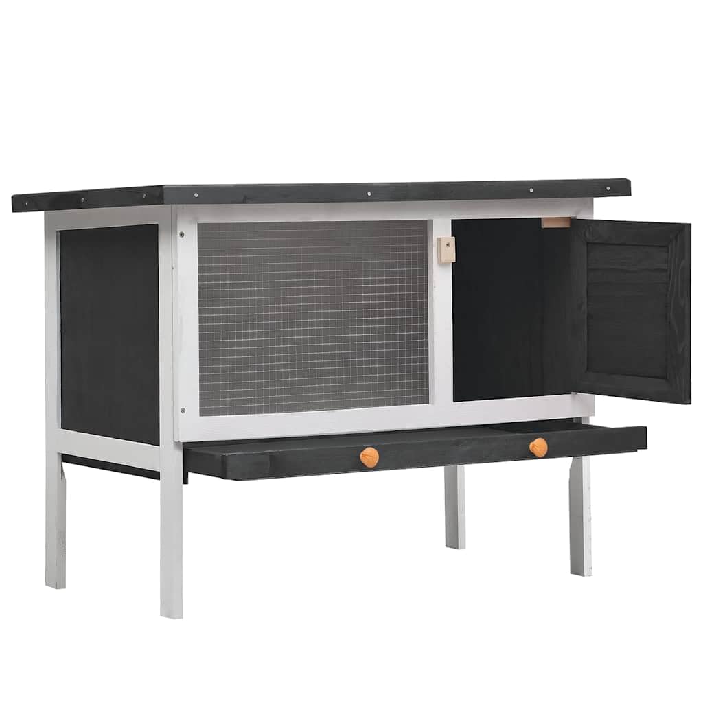 Kaninchenstall Holz 1 Ebene - Hasenstall für Kleintiere mit ausziehbarer Wanne & Klappdach - Kleintierstall Kaninchenkäfig Grau Weiß, 90 x 45 x 65 cm
