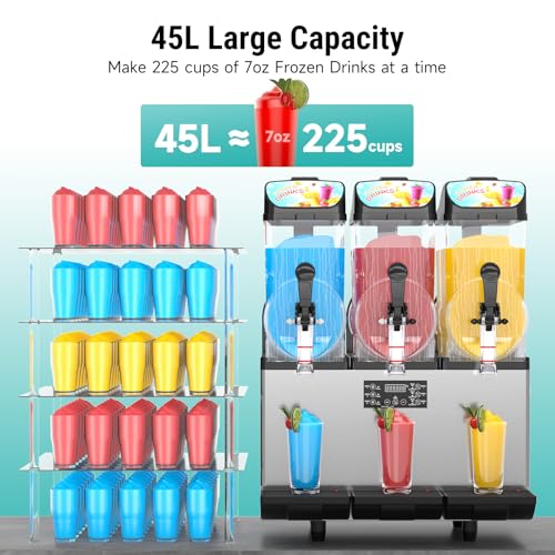Image of 45L Commercial Slushy Machine with LED Light, 15Lx3 Tanks Commercial Frozen Drink Machine, Stainless Steel Margarita Slushie Maker, Quick Making, for Wine Cocktails, Daiquiri Juice, Coffee