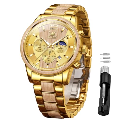 Image of OLEVS Men Watch Wooden Accent Band Multi Function Dial Luminous Waterproof Casual Luxury Business Watch