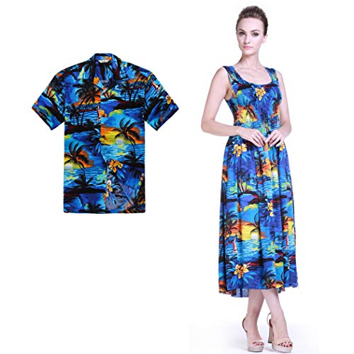 Couple Matching Hawaiian Luau Aloha Shirt Maxi Tank Dress in SunBlue