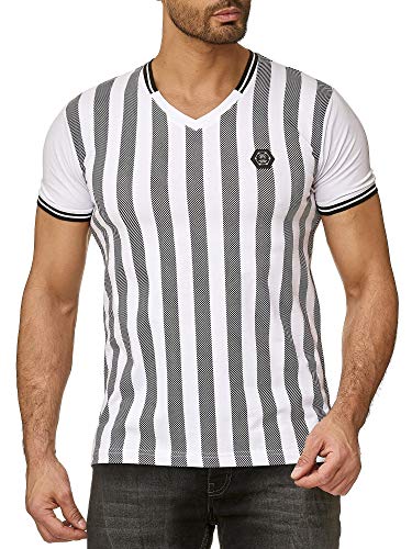 Camiseta Manga Corta V-Cuello para Hombres con Rayas de Árbitro Basic T-Shirt Blanco-Negro
