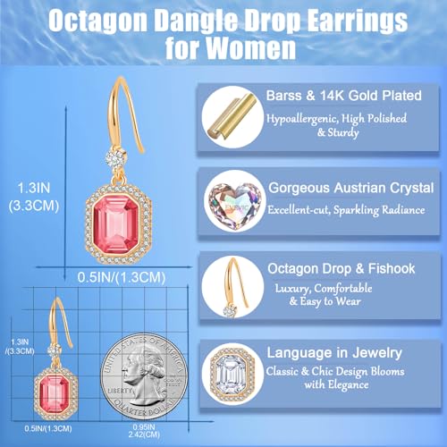 EVEVIC Austrian Crystal Halo Octagon Drop Dangle Earrings for Women 14K Rose Gold Plated Jewelry Gifts for Women4