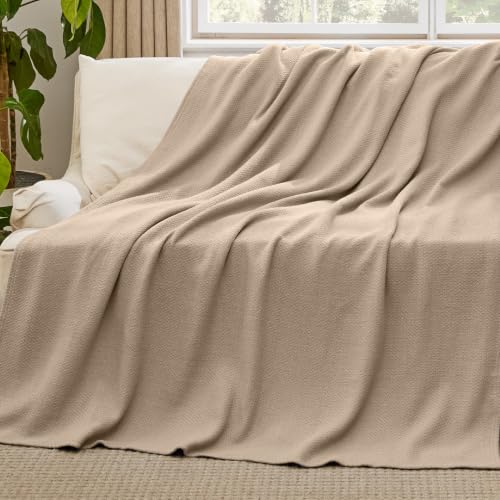 Image of Bedsure 100% Cotton Blanket, Herringbone Weave, Twin-XL, Khaki