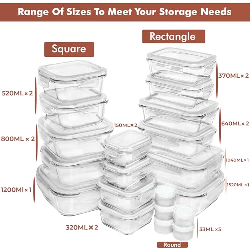 Image of Razab 35 Pc Set Glass Food Storage Containers with Lids - Meal Prep Airtight Bento Boxes BPA-Free 100% Leak Proof (15 lids,15 glass & 5 Plastic Sauce /Dip Containers)