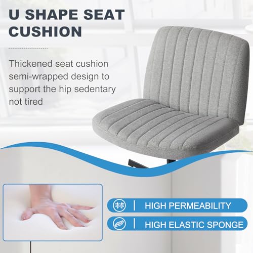 Image of Criss Cross Chair No Wheels, Swivel Criss Cross Legged Chair, Modern Fabric Vanity Chair, Height Adjustable Wide Armless Chair for Small Spaces (Grey)