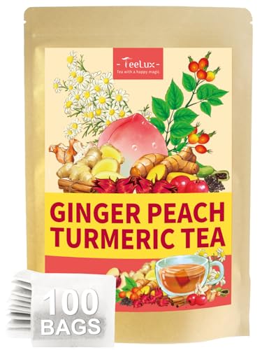 Image of TeeLux Ginger Peach Turmeric Tea Bags, Warm Ginger with Tart Hibiscus & Soothing Chamomile, Tart & Sweet Flavor, Caffeine Free, 100 Count