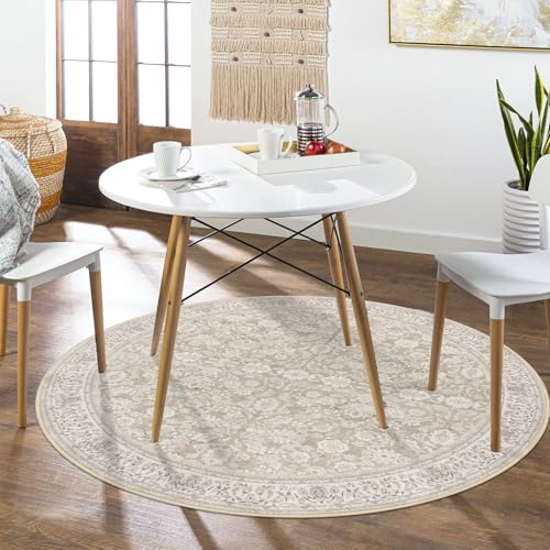 Cream Beige White Grey 6' Round Rug Washable Rug for Entryway Soft Non-Slip Area Rugs Distressed Floral Low-Pile Carpet, Neutral Vintage Circle Rugs for Living Room Dining Bedroom Foyer