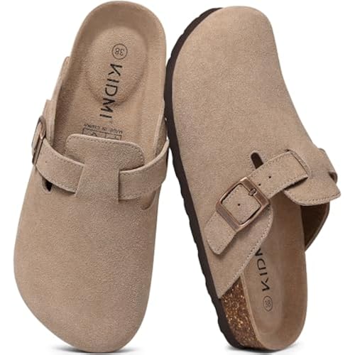 KIDMI Genuine Suede Clogs for Women Men Cork Footbed Mules Potato Shoes