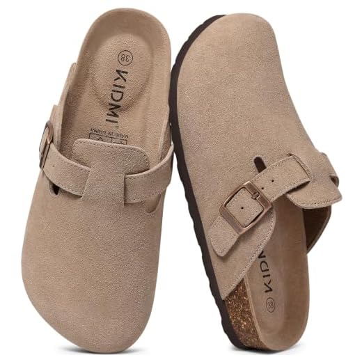 KIDMI Genuine Suede Clogs for Women Men Cork Footbed Mules Potato Shoes | Arch Support, Comfortable, Leather Slip On, Fall, Casual, Indoor Outdoor, Non-slip Rubber Sole, Adjustable Metal Buckle