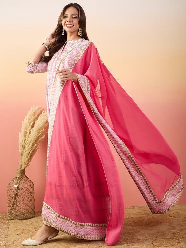 Image of Women's Pure Silk Printed Embroidery Kurta Palazzo & Dupatta Set