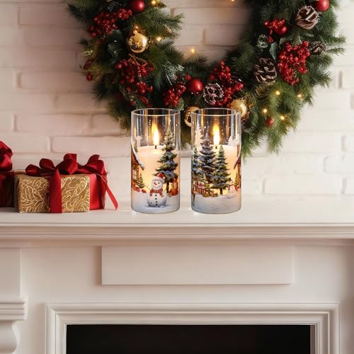 Image of KunSween Christmas Candles with Remote Timer, Set of 2 LED Glass Flameless Candles Battery Operated with Cedar, Snowman, Reindeer, Snowy House Decals for Holiday Winter Party Home Decor(D6 inch x H3 inch)